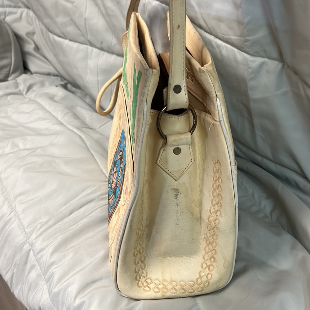 Vintage Leather Hand Tooled RARE Purse 1960s Mexico Ivory Yellow Mayan Roses - Picture 9 of 16